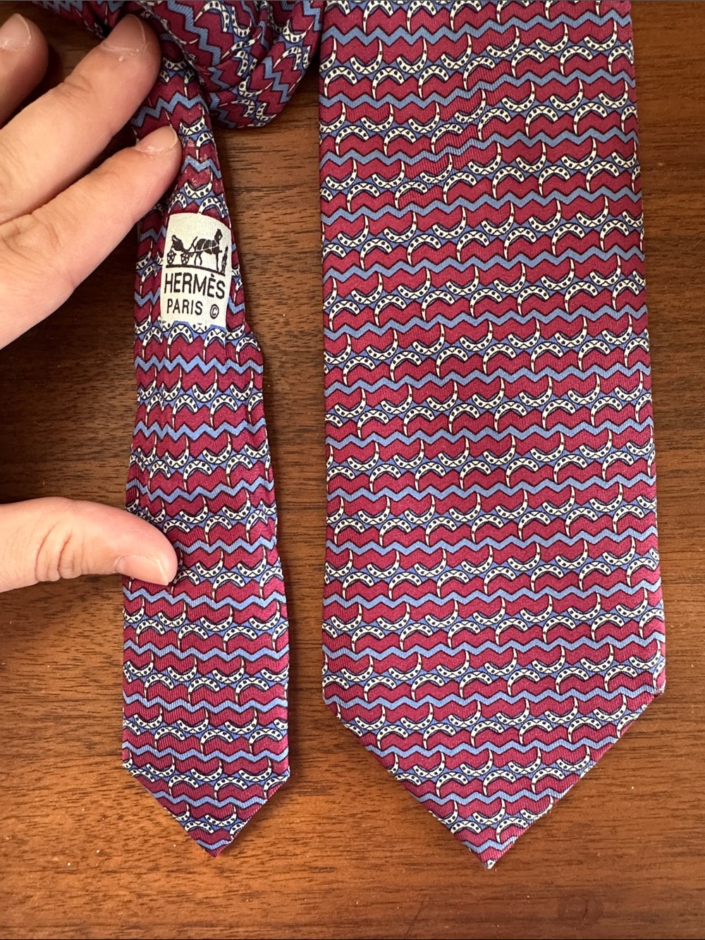 Hermès Burgundy Silk Tie with Blue and White Geometric Pattern - Picture 1 of 5